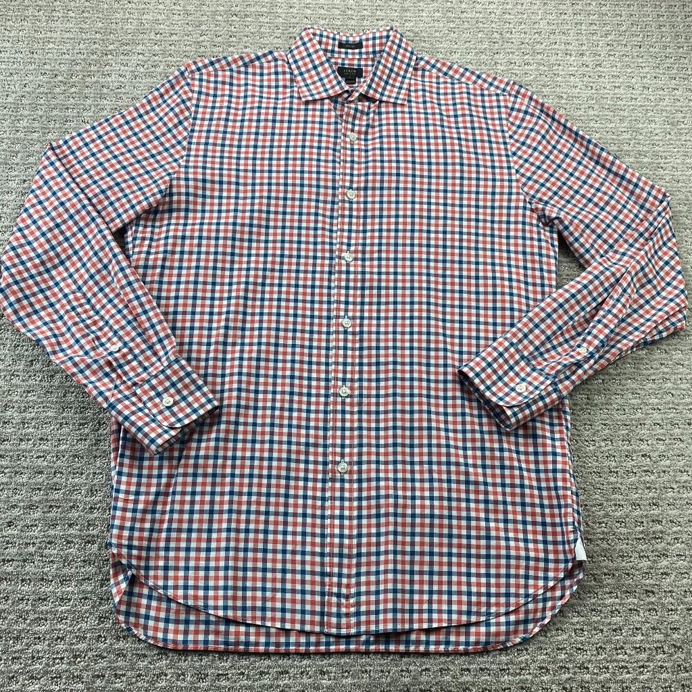 J. Crew Crosby Button Up Shirt Men Medium M Red White Blue Checkered 120's 2 Ply